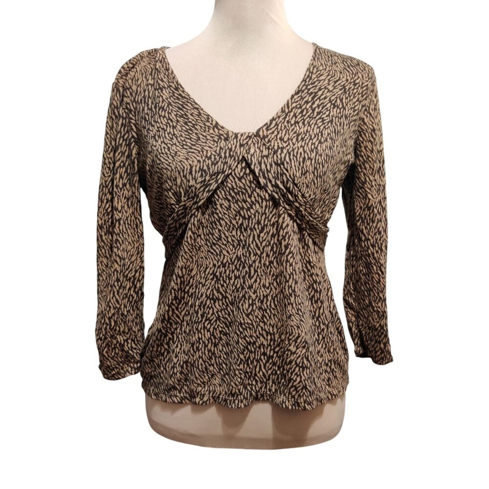 Ann Taylor M Brown Abstract Print Pleated V Neck Long Sleeve Stretch Blouse